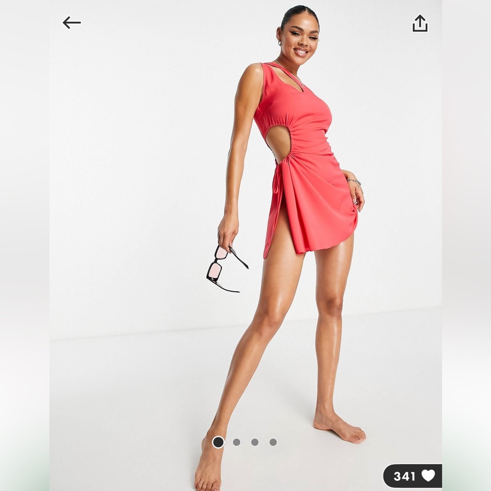 Asos design one shoulder cut-out waist beach mini dress in red
